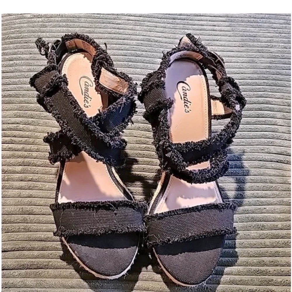 Candies denim frayed Chic Black Women's wedge espadrilles Sandals size 10